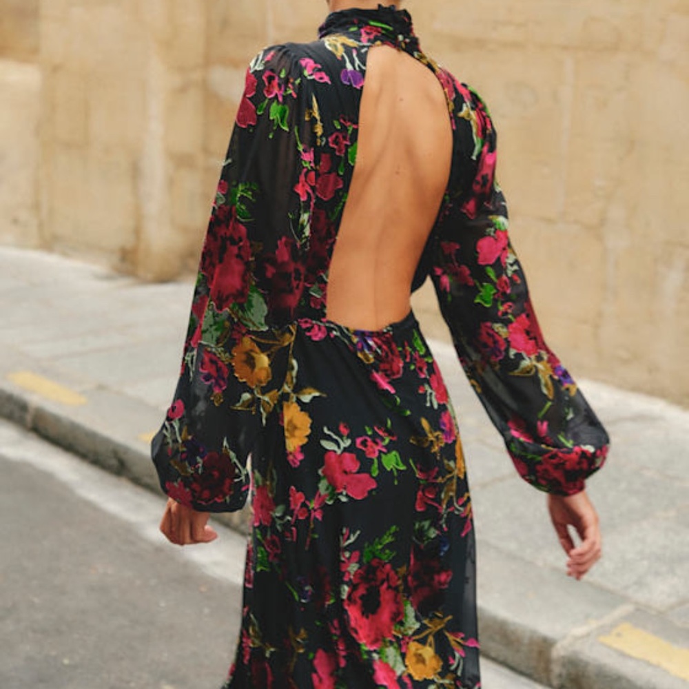 Lulus Graceful Arrival Black Floral Burnout Backless Maxi Dress - Size XS